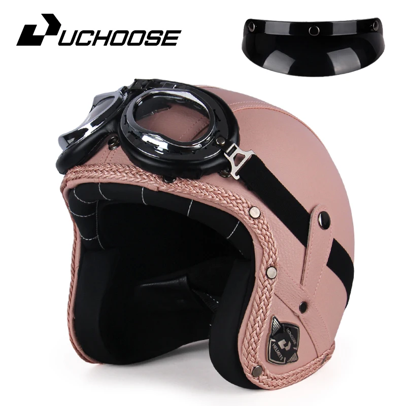 UCHOOSE Retro Motorhelm PU Leer Open Gezicht 3/4 Chopper Fietshelmen Klassieke Casco Moto Vintage