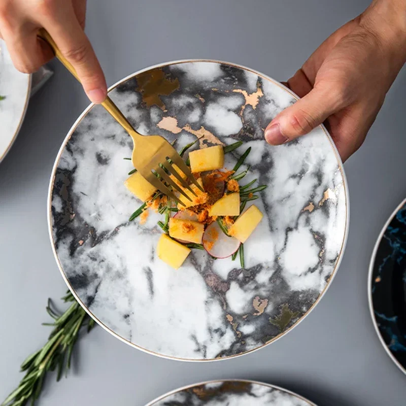 Plato De Cena De cerámica marmoleado, Platos creativos nórdicos De porcelana De hueso, vajilla De postre De Pasta para el hogar