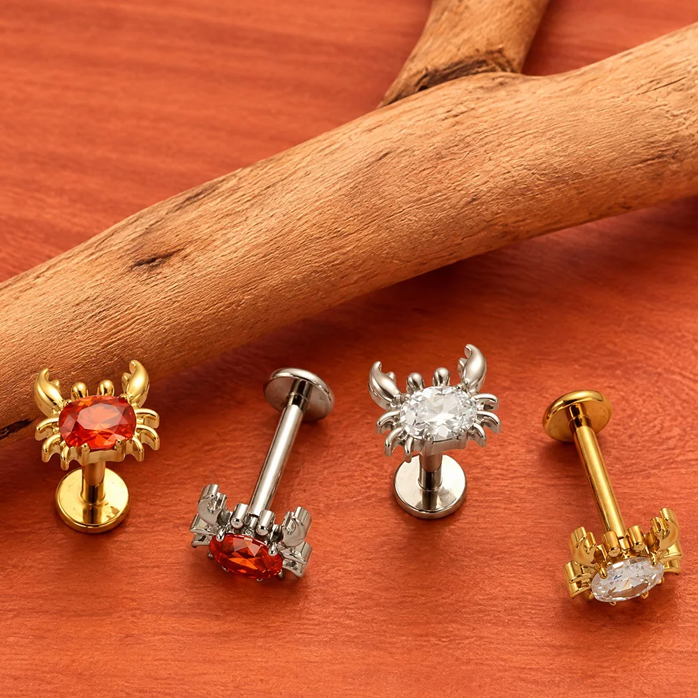 ASTM F136 Titan CZ Spinnenkrebse-Ohrring mit flacher Rückseite, Labret-Piercing-Ohrstecker für Helix, Knorpel, Tragus, Ohr- und Körperschmuck – Detail 7