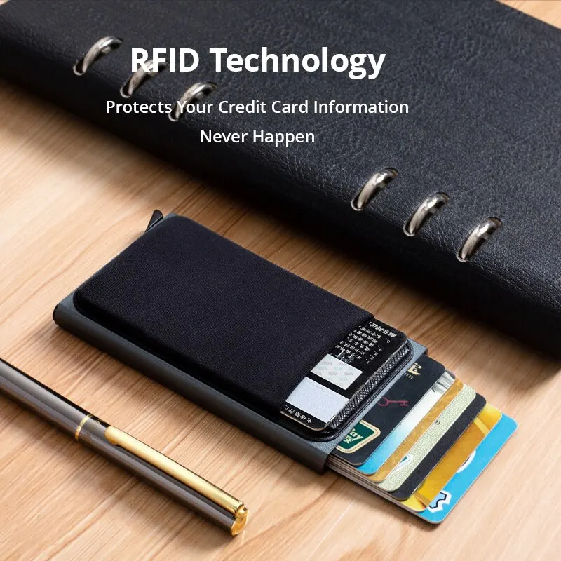 1Pc Szary Aluminiowy Posiadacz Karty Kredytowej RFID Automatyczny Pop-up Bank Card Box Mini Pakiet Samochodowy — zdjęcie 3