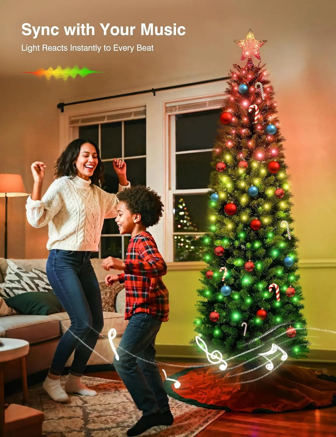 7.5ft App-Controlled RGB Pre-Lit Skinny Christmas Tree with 350 LEDs & 1053 Branch Tips