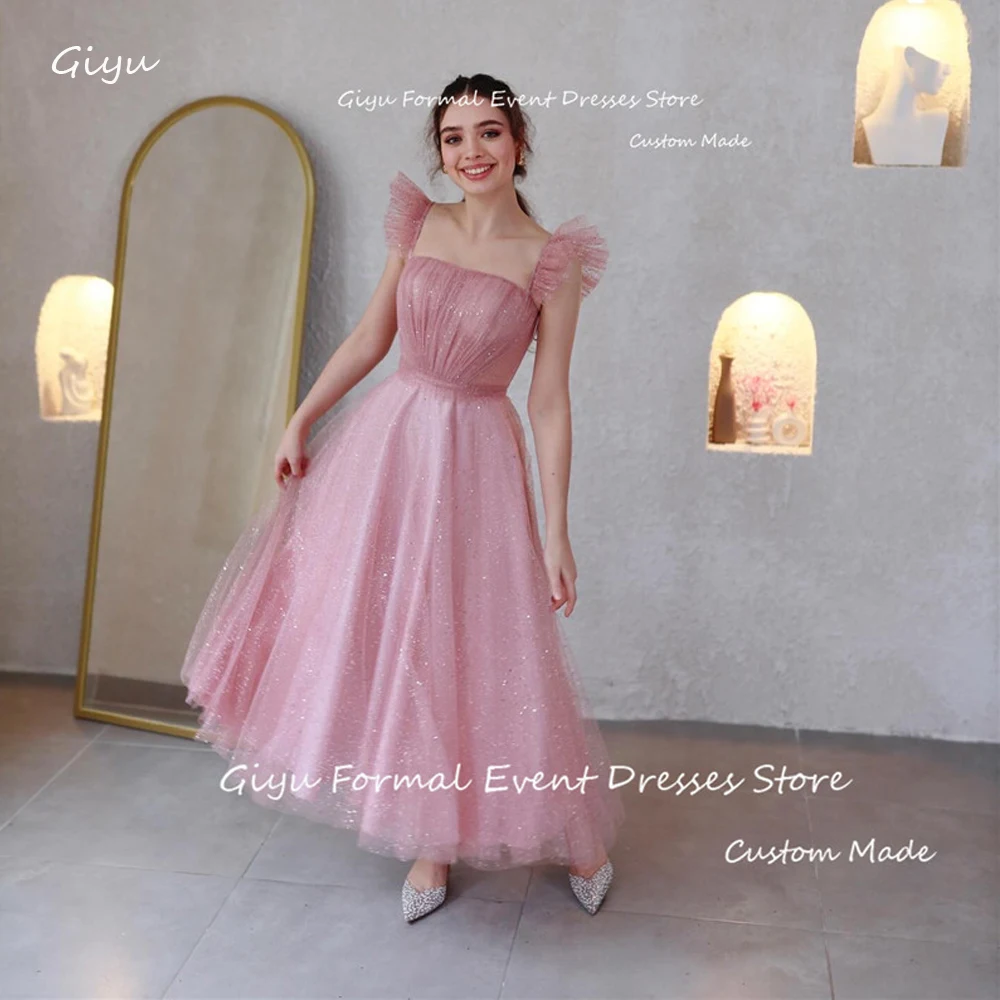 

Giyu Sparkly Dusty Pink Tulle Evening Dresses Wedding Party Dress Shiny Korea Photoshoot Sleeves Formal Occasion Prom Gowns