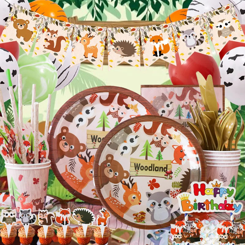 

Forest Animal Theme Party Fox Hedgehog Pattern Kids Animal Birthday Party Disposable Tableware Paper Plate Napkin