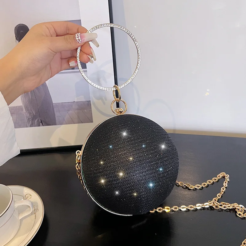 

Gold Bright Silk Circular Evening Bag Women Banquet Clutch Rhinestone Decor Chain Shoulder Bags Luxury Female Party