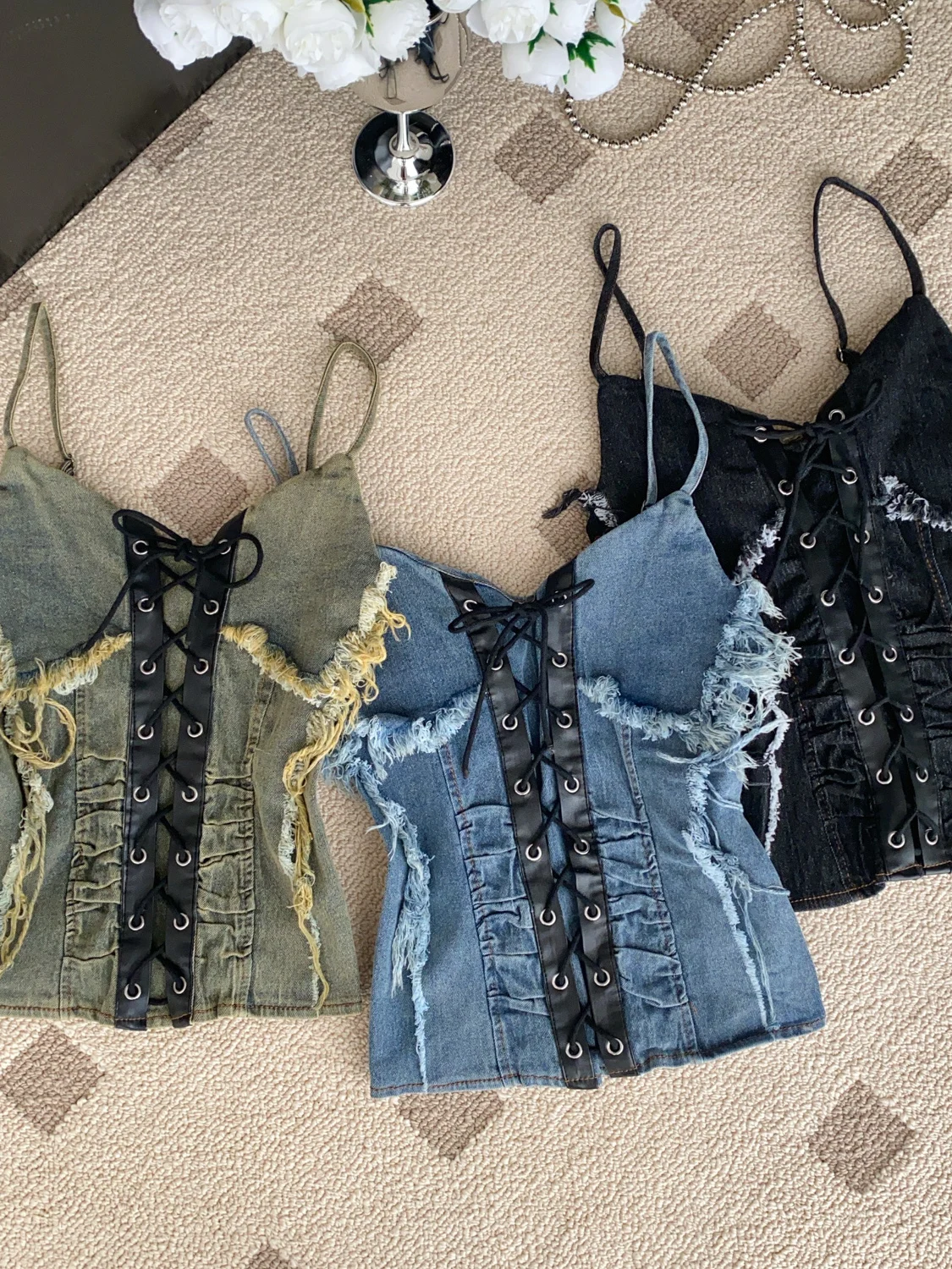 Retro American Spicy Girl Design Sense Tie Waist Slim Fit Frayed Denim  Vest Women Pure Desire Backless Top