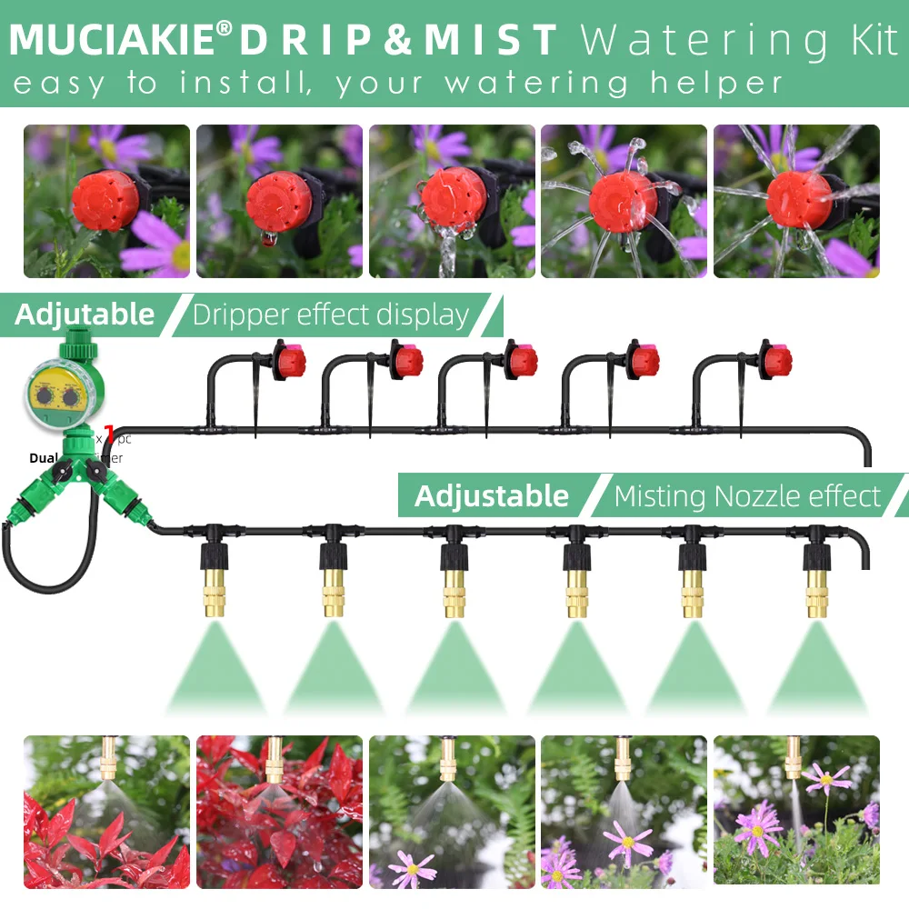 10-50M Garden Drip Irrigation System 1/4'' Automatic Watering Brass Spray Adjustable Drippers Kit Home Balcory Yard Greenhouse