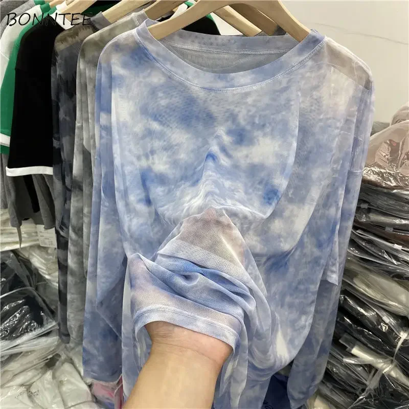 T-shirty z długim rękawem damskie Tie Dye Harajuku koreański styl projekt odporna na słońce luźna siatka przezroczysta koszulki Ins Mujer topy Street