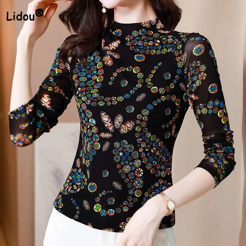 

Autumn Winter Fashion Half High Collar Paisley Printed Tops Women's Clothing Slim Elegant Vintage Long Sleeve Thick T-shirt