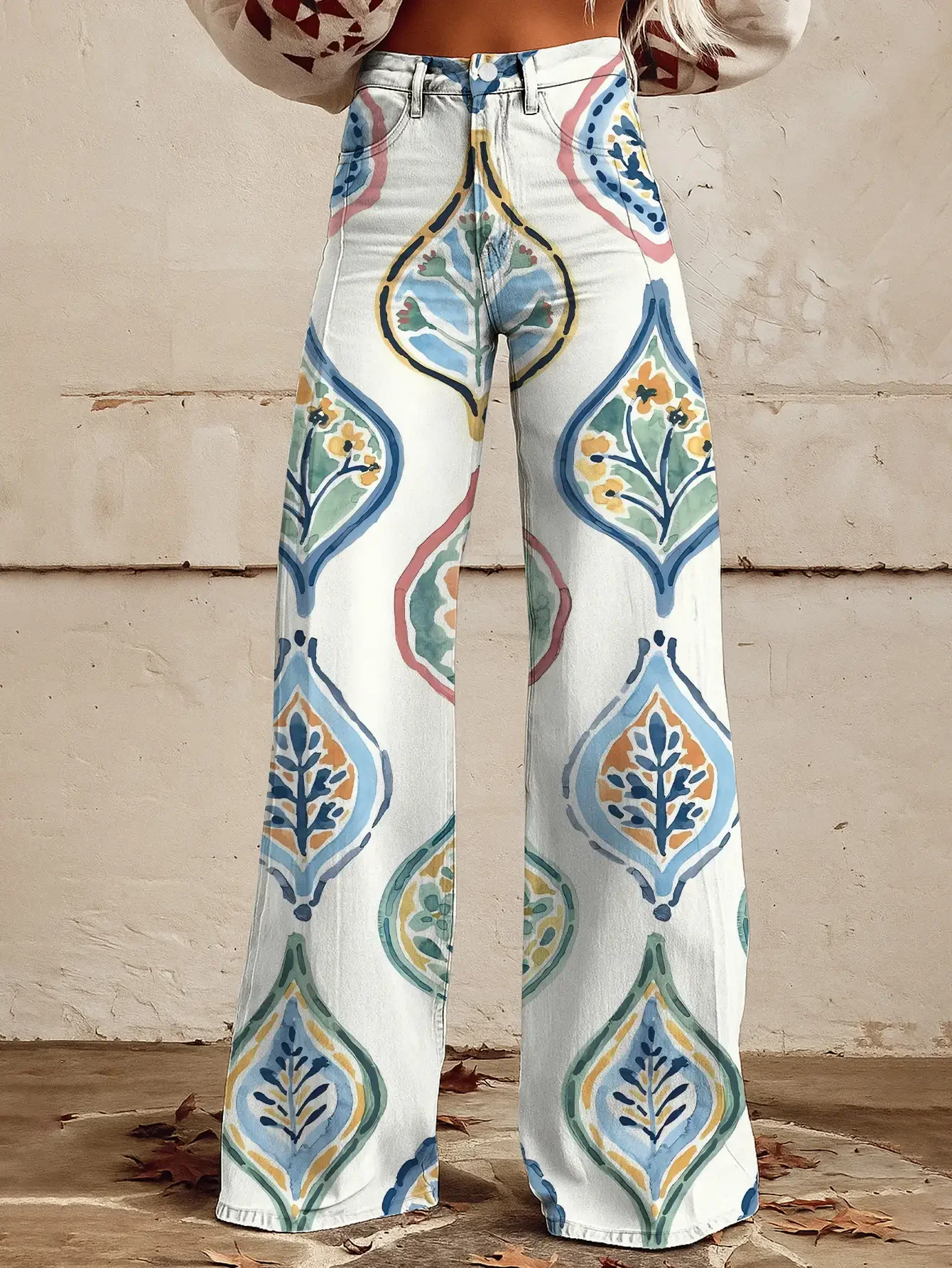 2026Women's slim fit wide leg flared pants, Ladies' retro 3D printed high waisted elastic jeans, interesting patterns