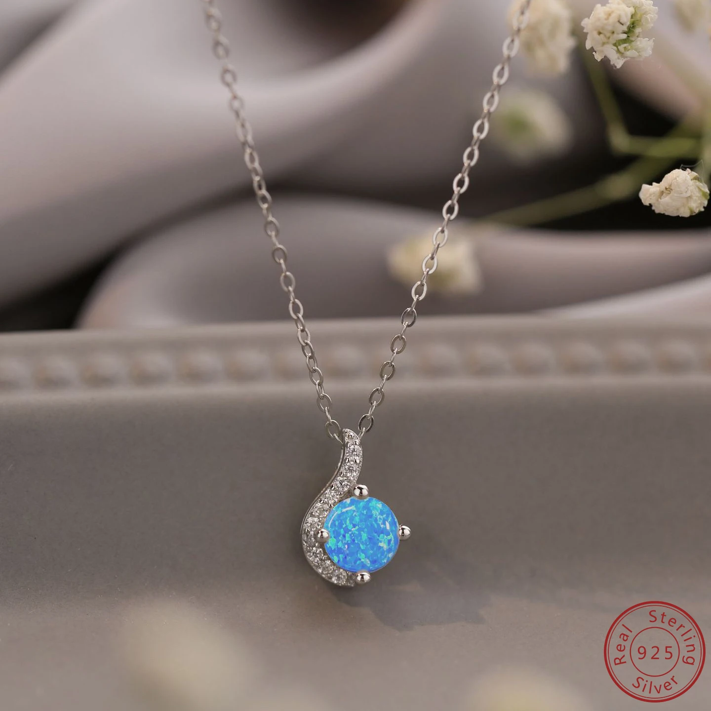 100% 925 Sterling Silver Pendant Necklace Set with Zircon and Blue Opal Necklace Circular Line Design Fashionable Necklace