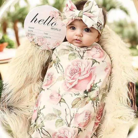 2pcs/set Baby Swaddle Wrap Baby Blankets Newborn Photography Props Flower Bows Baby Girl Headbands