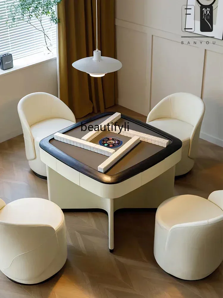 Italian-Style Light Luxury Solid Wood Mahjong Table Automatic Home Entertainment Leather Multi-Functional Chess and Card TableAA