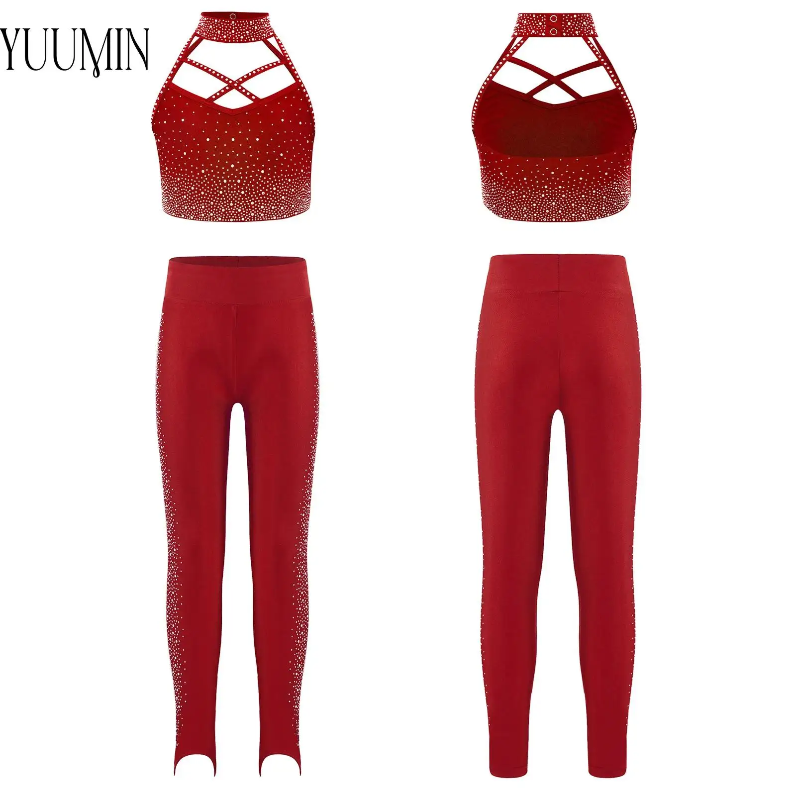 طفل فتاة رياضية الشكل التزلج على الجليد الجمباز ملابس رقص الرسن أكمام حجر الراين المحاصيل الأعلى مع طماق لعرض المرحلة #1