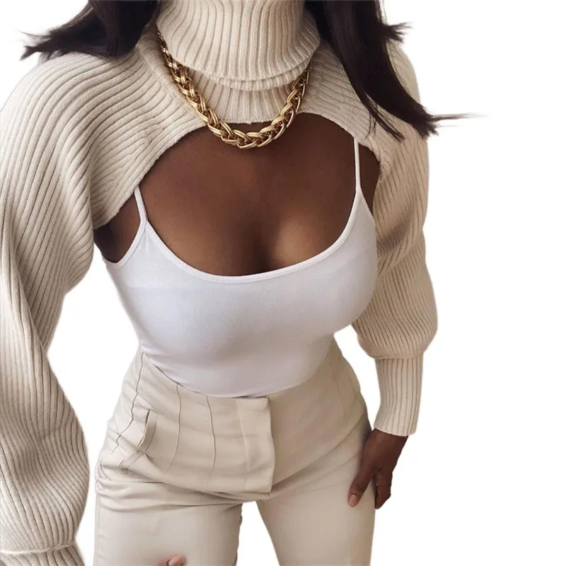 Fashion Women Crop Top Short Pullover Turtleneck Long Sleeve Knitted Sweater High Street Chic Jumpers Matching Vest Tank Top