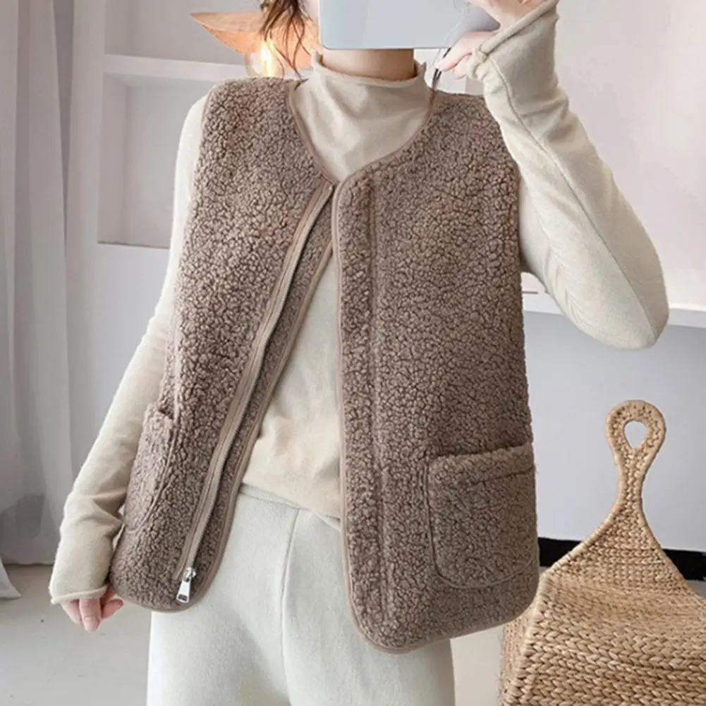 Autumn Winter Lady Vest Jacket Solid Color Zip-up Fleece Sleeveless Cardigan Coat With Dual Pockets Loose O Neck Lady Waistcoat