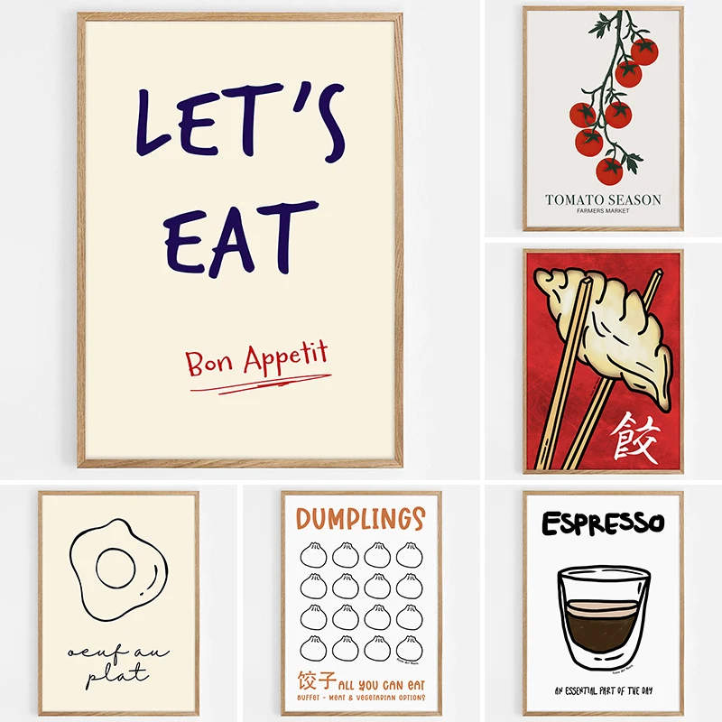 Abstract food poster dumpling spaghetti strawberry coffee Abstract Line  Art Canvas printed wall decoration painting