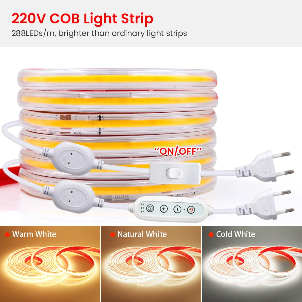 4key Dimmer Switch COB Led Strip Light 220V Power Kit 3000K 4000K 6000K 288 LEDs Flex Clear Tube Lamp 1m 5m 10m 20m 30m 40m 0.5m