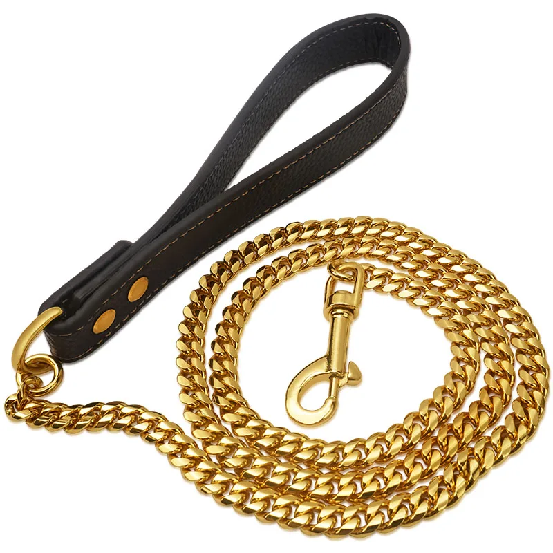 Metal Dog Leash Stainless Steel Chain 18K Gold Pet Lead with Soft Pu Leather Handle For Medium Large Dog Walking Training