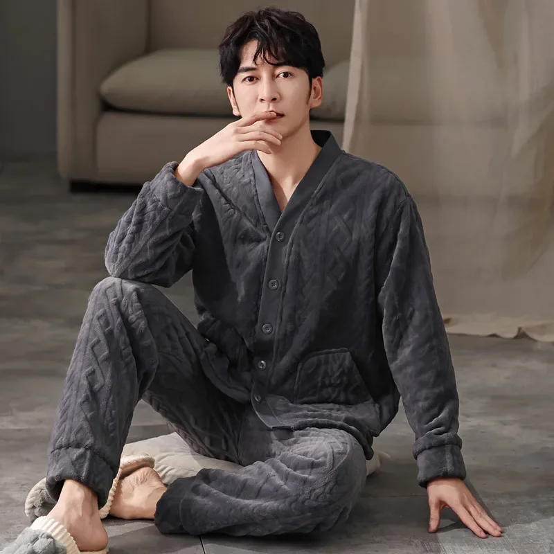 

Мужская одежда для сна с v-образным вырезом, утолщенный коралловый флис, зимняя домашняя одежда, теплый фланелевой удобный пижамный комплект оверсайз на осень-зиму