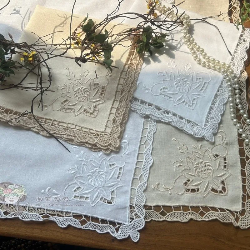 2PCS Handmade Silk Lace Openwork Linen Square Handkerchief