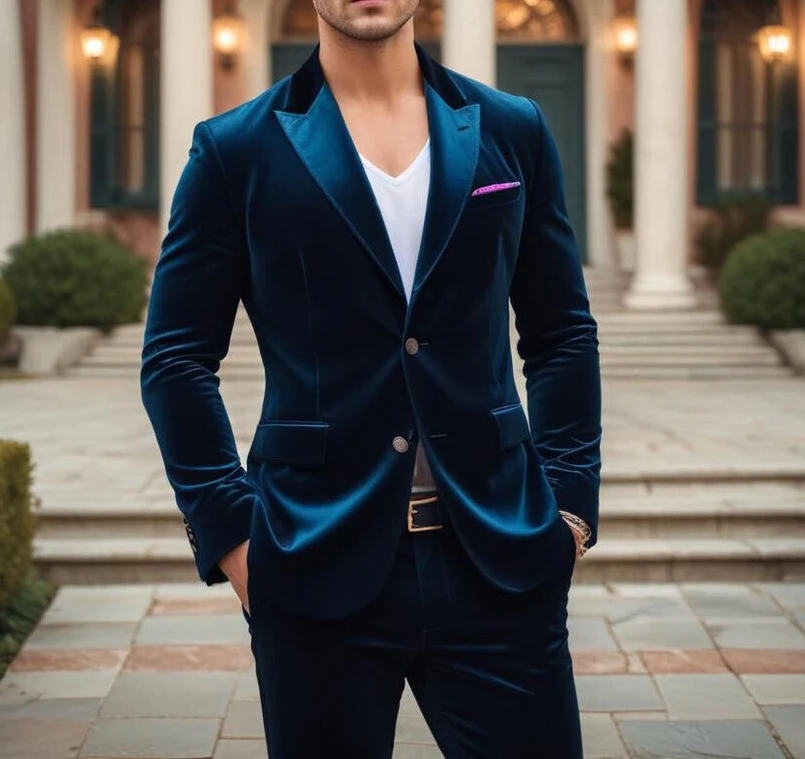 Men Velvet Suit 2 Piece Navy  Slim fit Suit Two Button Formal Wedding Suit