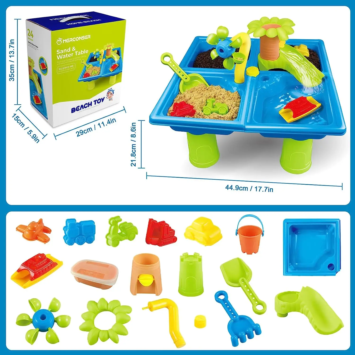 Water Table for Toddlers 4 in 1 Kids Portable Water Play Table Beach Toys 24PCS Sensory Activity Splash Table Toys for Children