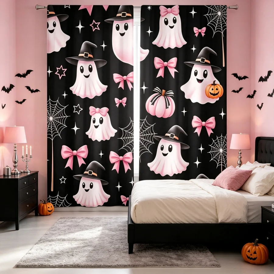 2PCS Digital Print Curtain, Black Background Pink Ghost Halloween, Pastel Goth Spooky for Living Room Bedroom Kitchen Decor