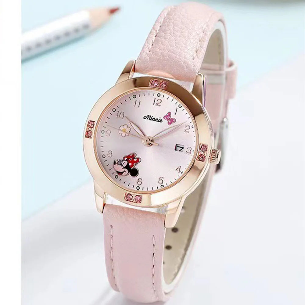 

Детские часы с изображением Микки Диснея, ремешок из искусственной кожи, милые модные женские кварцевые часы с Минни для мальчиков и девочек, подарок на день рождения