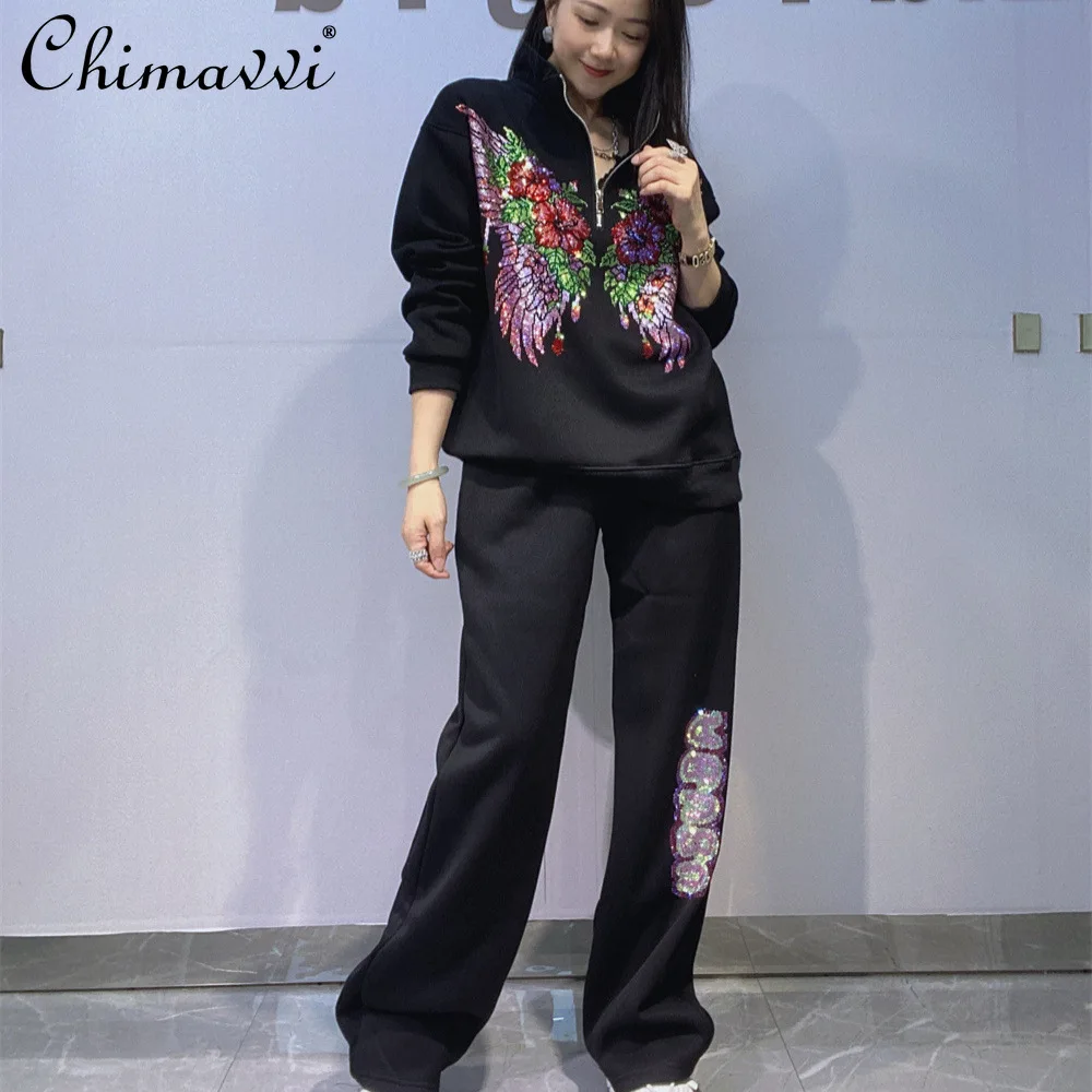 

Autumn Winter New Fleece Sweatshirt Set Heavy Fashion Half-Zip Rhinestone Long Sleeve Loose Top Pants Casual Sportswear 2Piece