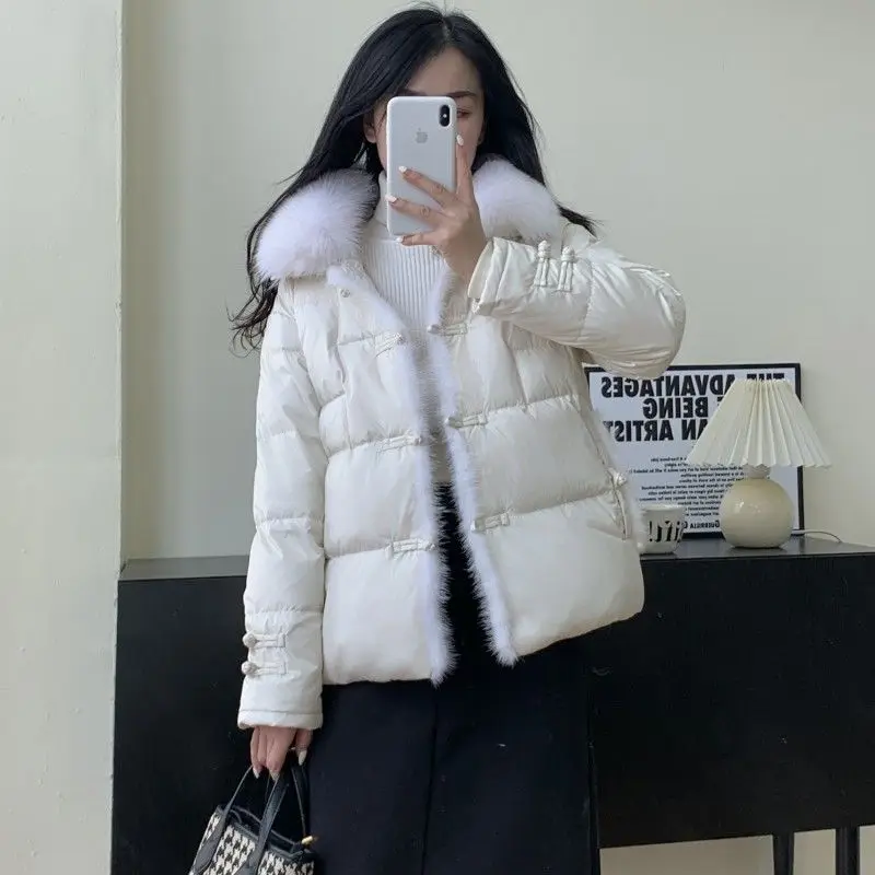 2023 New Down Coat Women\'s Winter Short White Duck Down Big Fox Collar Loose Mink Coat Winter Coat Women Down Jacket Women