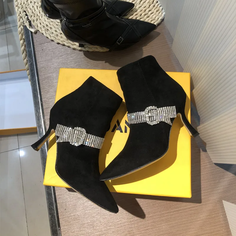 Elegant Square Buckle Rhinestone Stiletto Boots Pointed Toe High Heel Ankle Botas Black Padded Lining Suede Boats Women Shoes