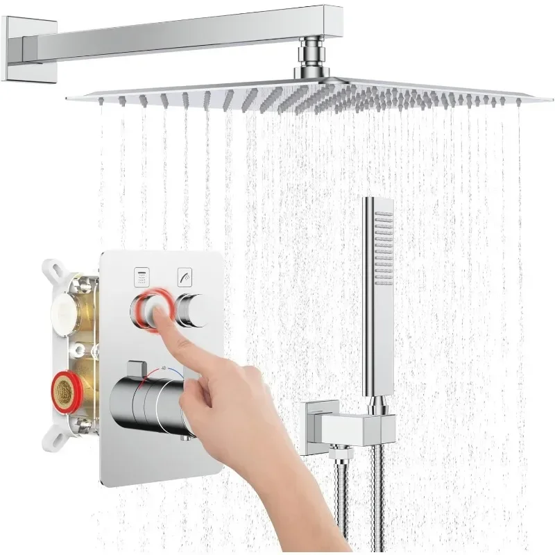 

Shower System Wall Mount with Push Button Diverter,Rainfall Shower Head and Handheld,Shower Faucet Mixer Trim Kit Valve Included