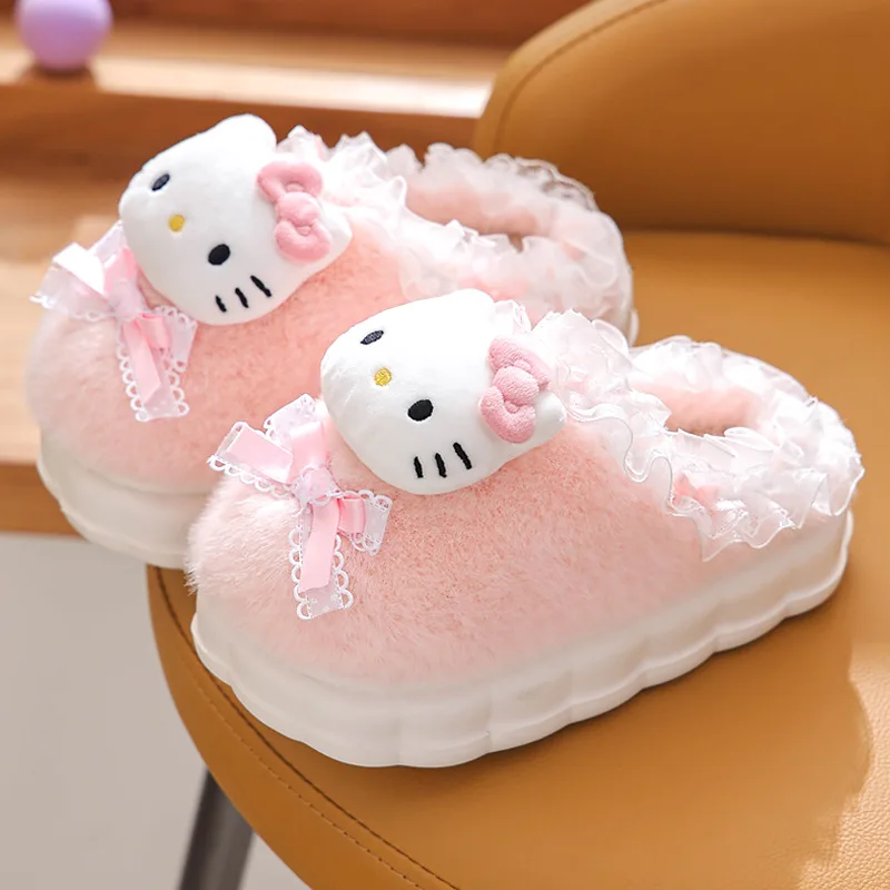 Sanrio Hello Kitty Cartoon Ladies Indoor Warm Cotton Slippers Cute Kulomie Winter Thick Bottom Non-slip Home Slippers