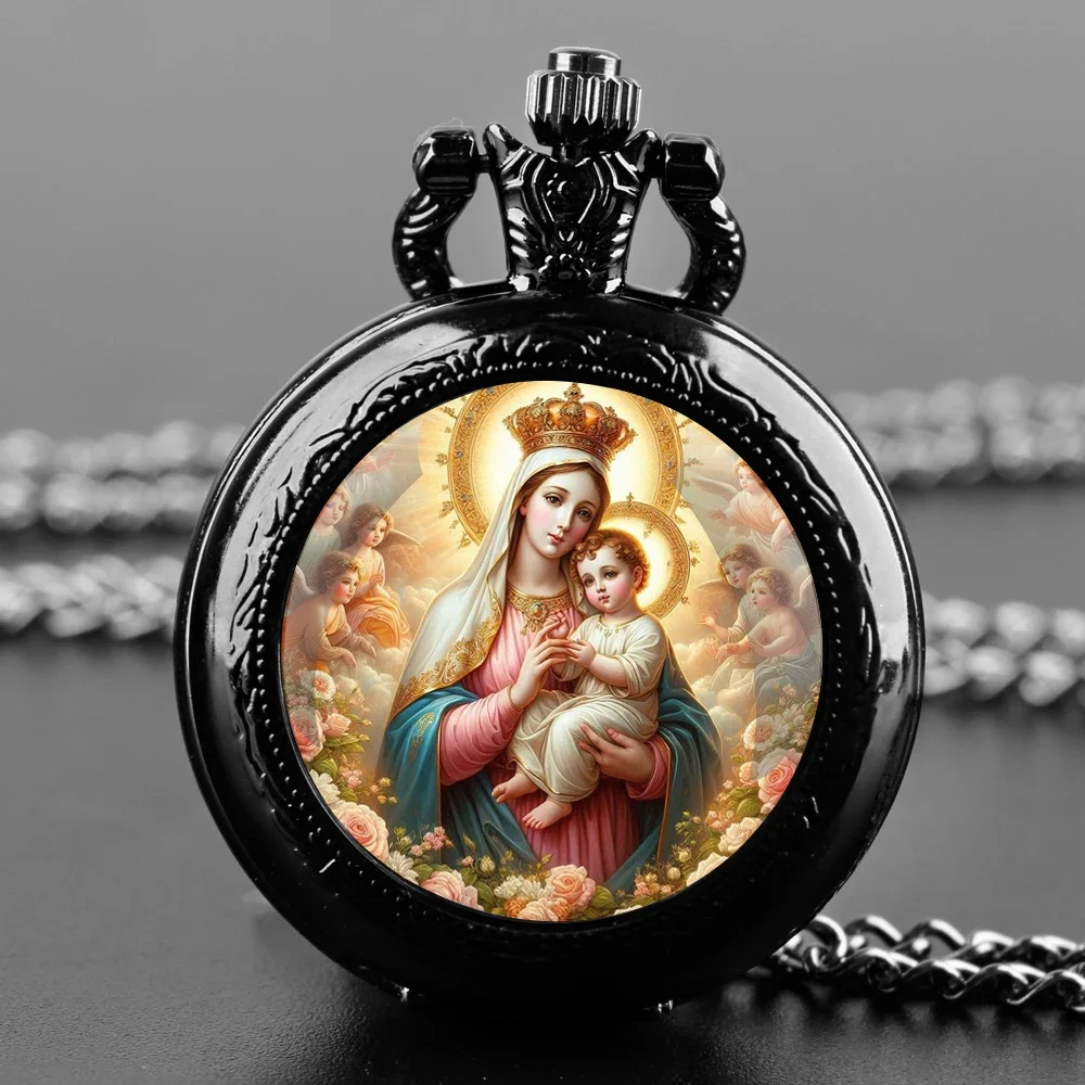 Virgin Mary and Baby Jesus Christian Catholicism Pocket Watch with Chain Necklace Vintage Quartz Pendant Watches Mens Women Gift