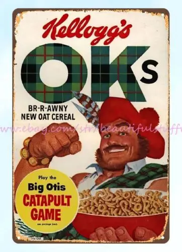 home decor 1959 kellogg's OKs br-r-awny oat cereal food nostalgia metal tin sign