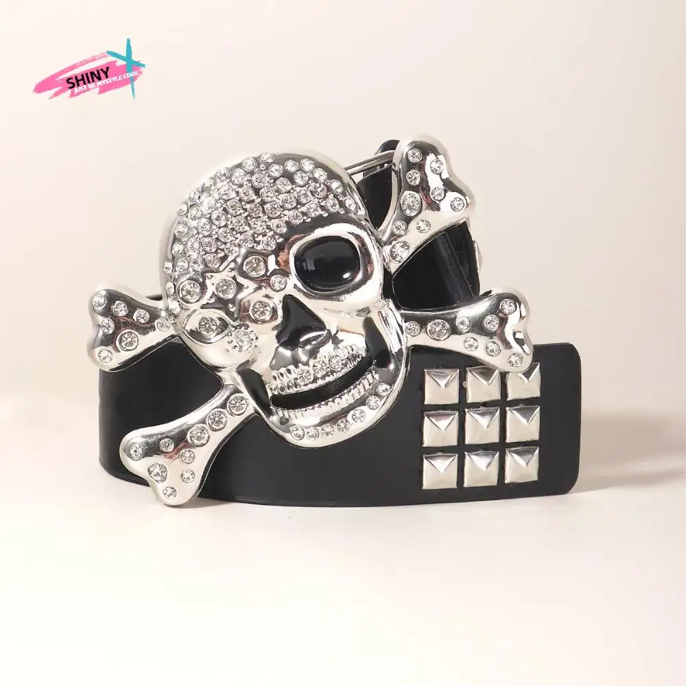 

Модный широкий пояс со стразами и черепом, регулируемый черный пояс с заклепками Y2K, черный женский пояс в стиле панк со скелетом
