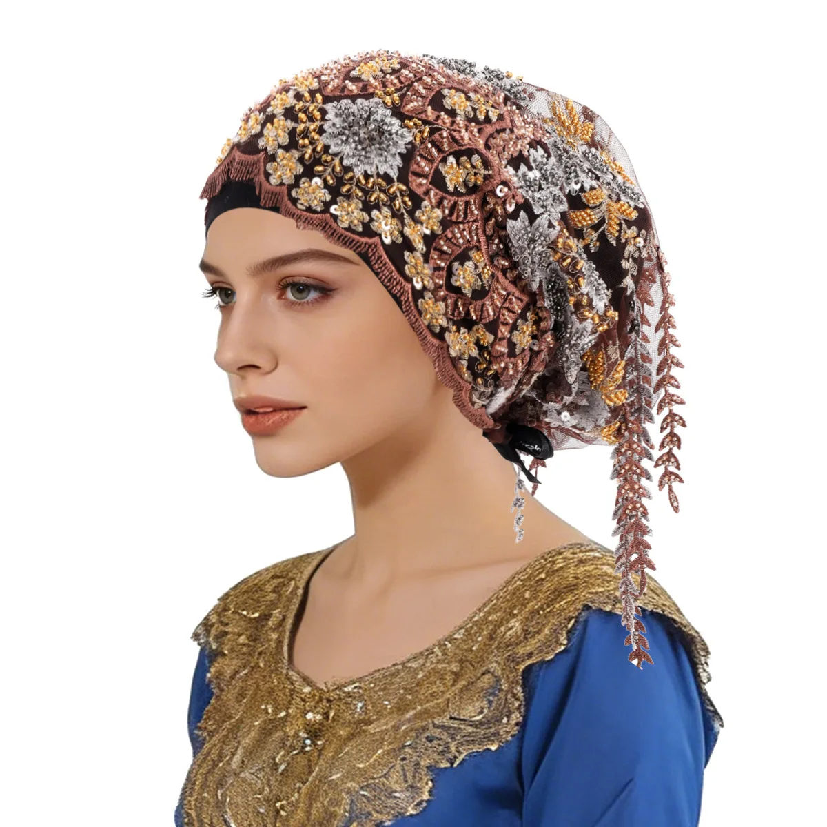 New Ethnic Tassel Headscarf Beaded Embroidery Turban Luxury Tassel Bonnet Women Muslim Hijab Lace Wedding Party Headwear Beanies - view 5
