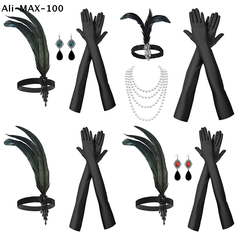 【AM3】1Set 1920's Flapper Cosplay Costume Feather Headband Pearl Necklace Long Glove Gatsby Masquerade Accessories