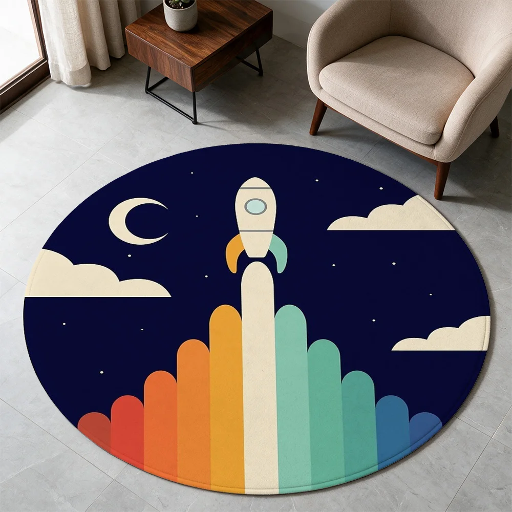 Retro Rocket Launch Night Sky Area Rug for Kids Nursery Room Play Mat Cartoon Space Adventure Decor