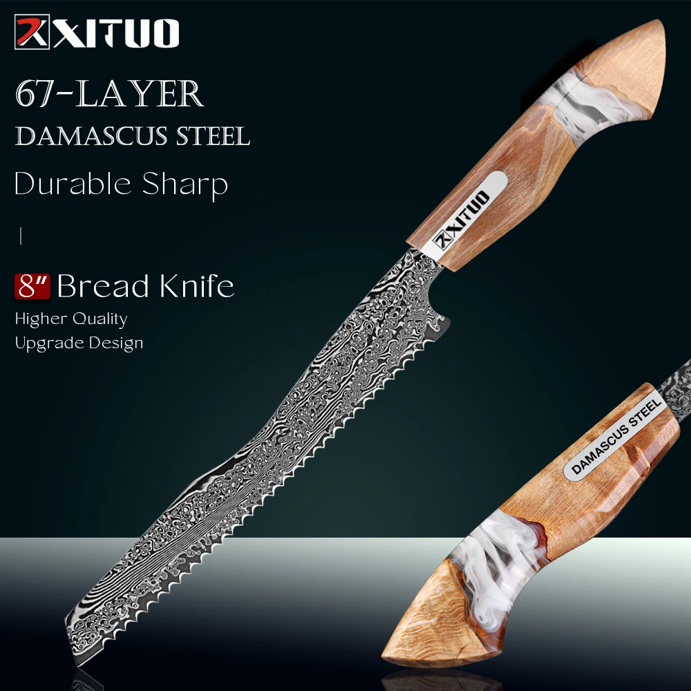 

XITUO 8 Inch Bread Knife Professional VG10 Damascus Steel Serrated Knife,Razor Sharp Edge for Slicing Bread, Cake,Pastry & More