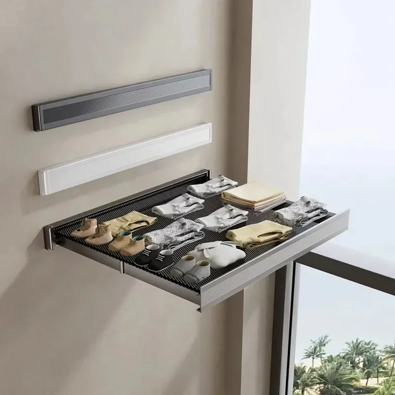 2026-Space Aluminum Wall Mounted Invisible Folding Drying Rack Retractable Collapsible Clothes Hanger Balcony Storage Organizer