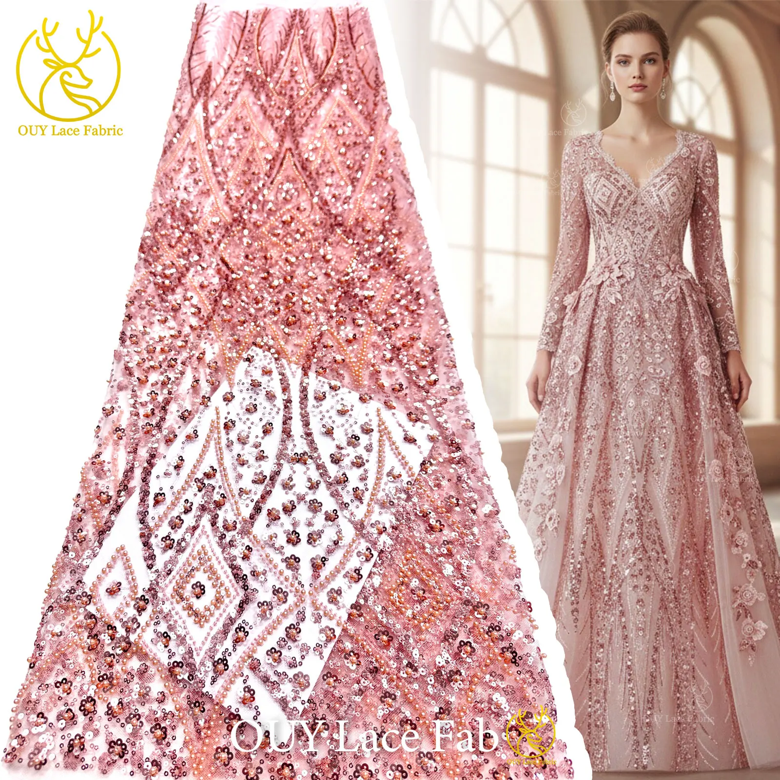 

Elegant Bright French Wedding Lace Fabric 2026 High Quality African Beaded Sequins Lace Fabric Women's Dinner Party Dresses