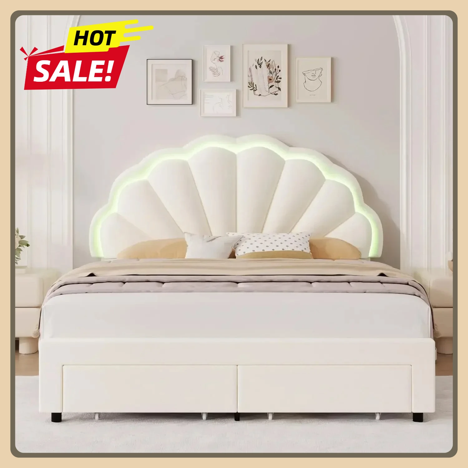Queen Upholstered Smart LED Bed Frame Chic Double Petal Headboard with 2 Storage Drawers & Adjustable