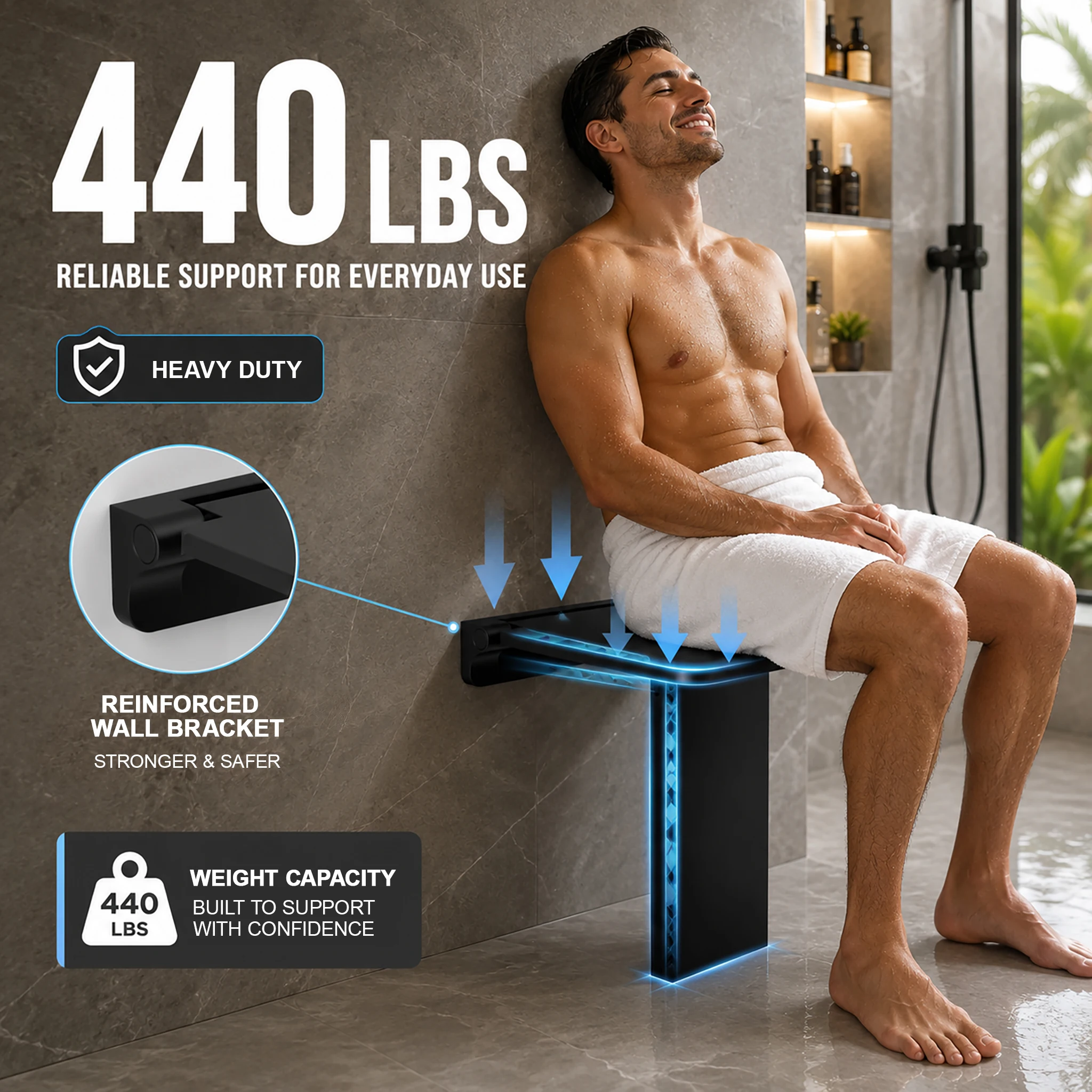 Minimalist Folding Shower Seat, Wall Mounted Bath Chair, 200kg Load Capacity, Heavy Duty with Support Leg