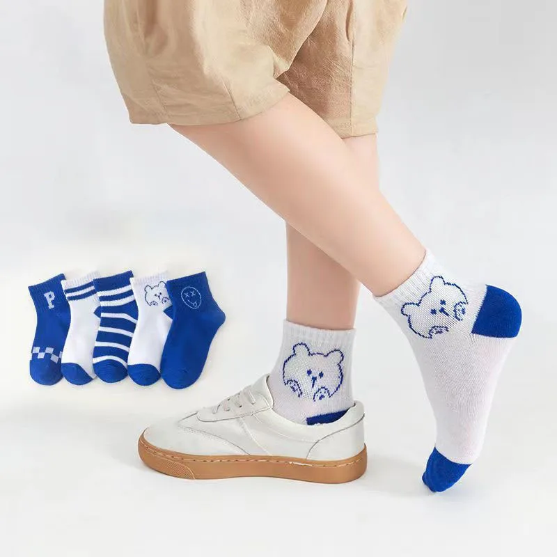 5Pcs Kids Blue Checkered Crew Socks, Cute Bear Letter Print Cotton Socks, Soft Breathable Boys Girls Casual Daily Socks