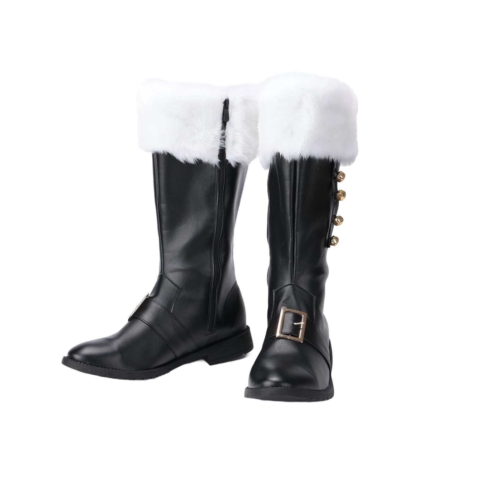 Men's Santa Claus Boots Christmas Wide Calf Combat Boots White Plush Cuff Foot Bells Halloween Christmas Costume Prop
