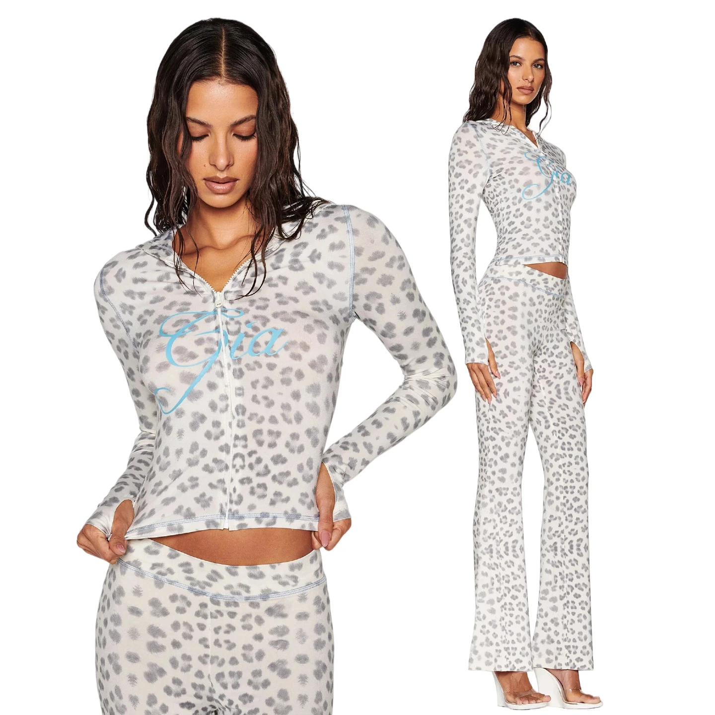

Gia snow leopard regular shoulder slim-fit letter print topstitching design slim-fit hooded zip-up short jacket and pants set