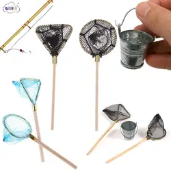 1:12 Dollhouse Miniature Fishing Net Rod Water Bucket Fishing Tool Model Living Scene Decor Play House Toy Doll House Accessorie