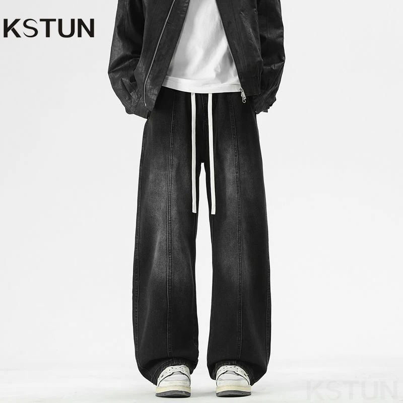 KSTUN 2025 الخريف الجينز الأسود الرجال واسعة الساق السراويل الفضفاضة فضفاضة مستقيم المشارب المرقعة الرباط مطاطا واسط الرجال السراويل #1
