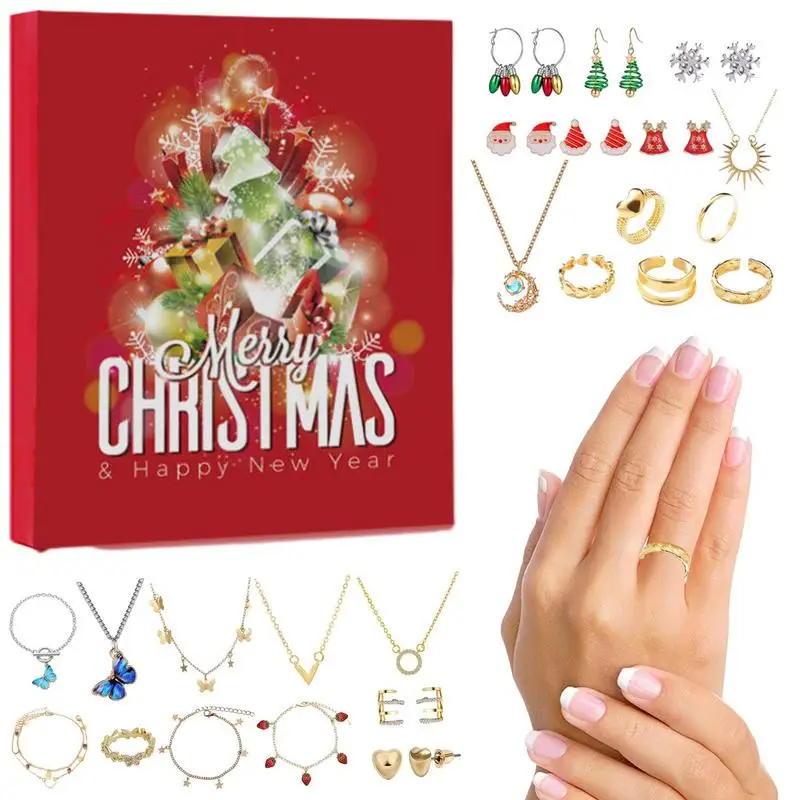 Christmas Decoration 2024 Christmas Countdown Advent Calendar Jewelry Box 8 Earrings 6 Rings 6 Necklaces 4 Bracelets Girls